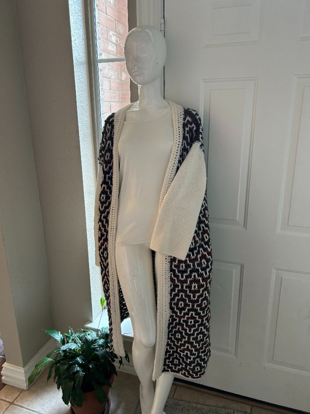 Crochet Mosaic Long Brown and White Sweater